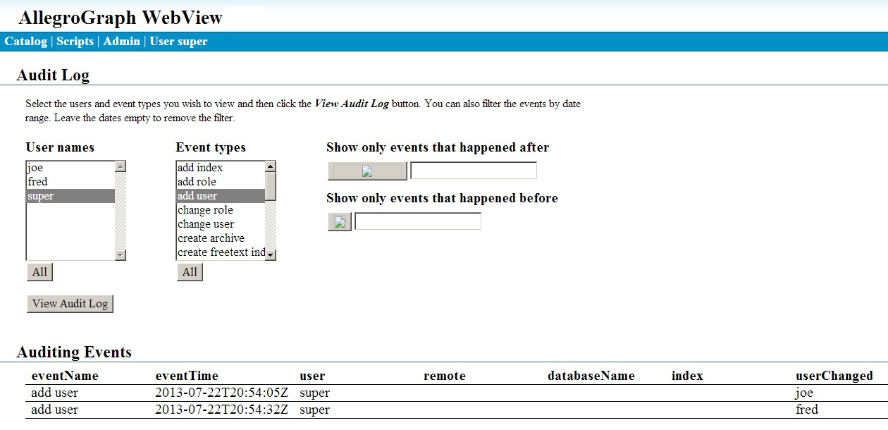 The Audit Log displaying add user events