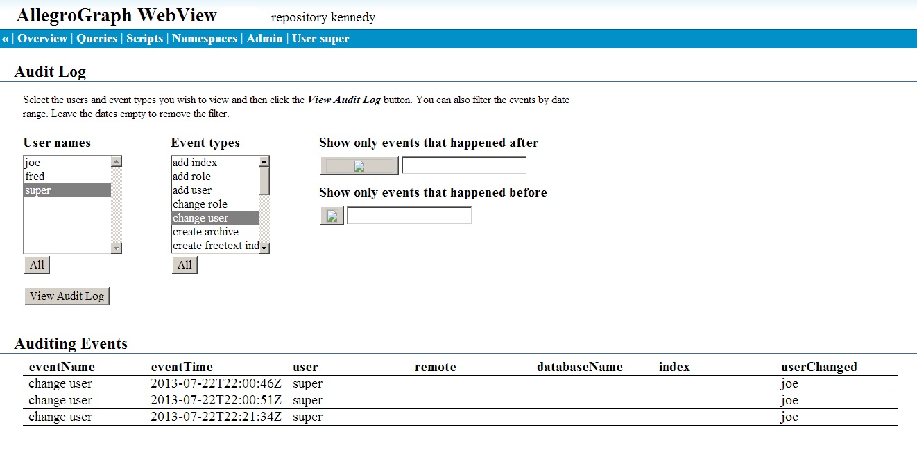 The Audit Log displaying super's change-user activity