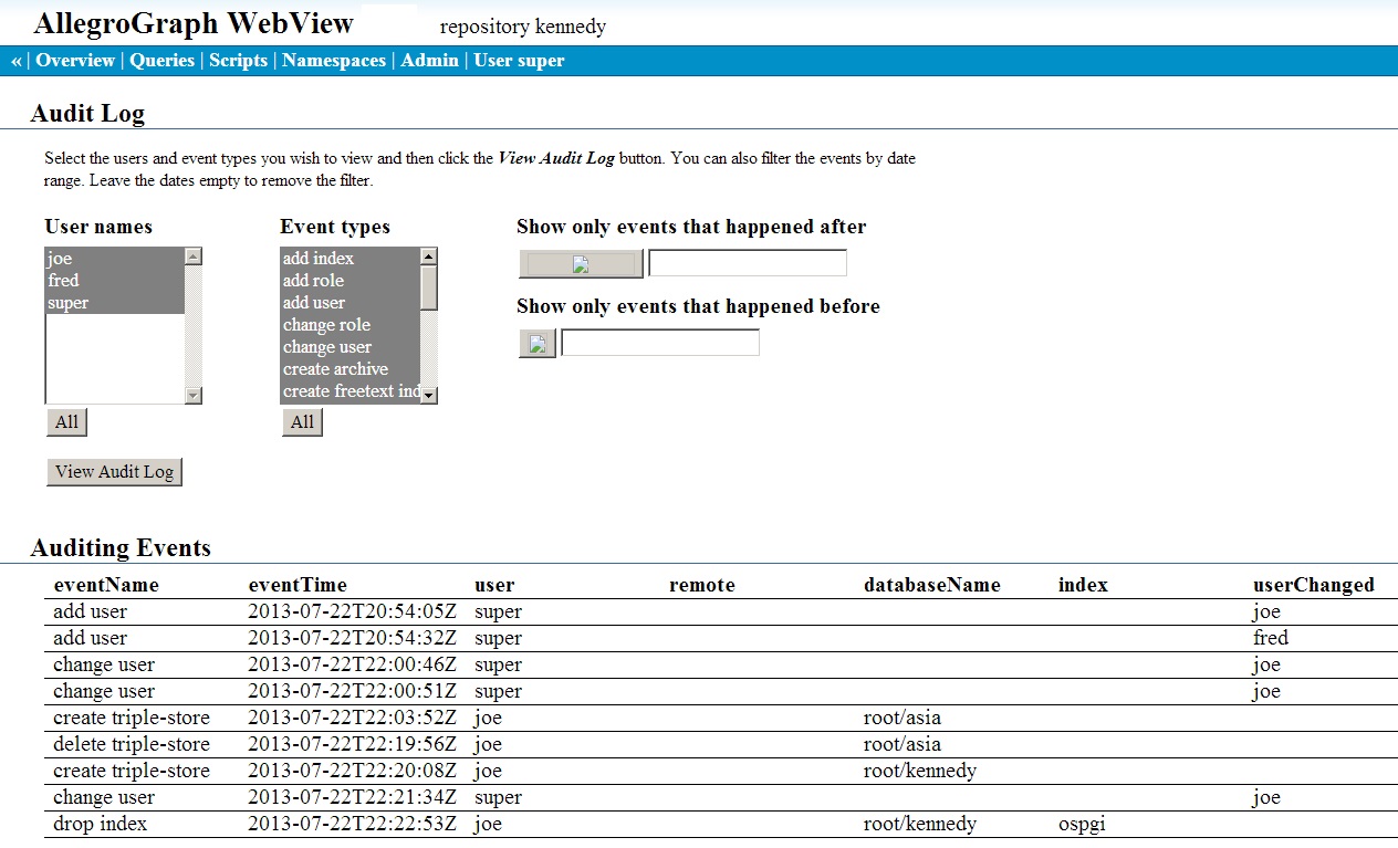 The Audit Log displaying all activity