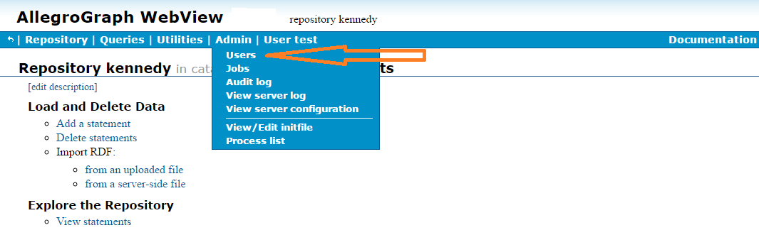 Admin menu to get to Users page