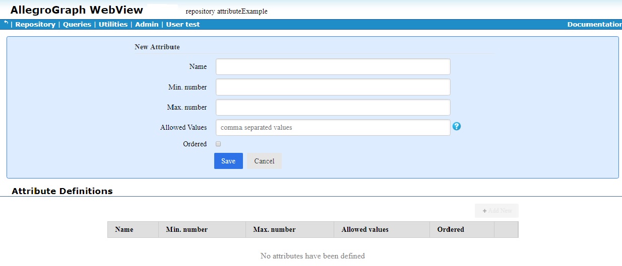 Defining attribute dialog