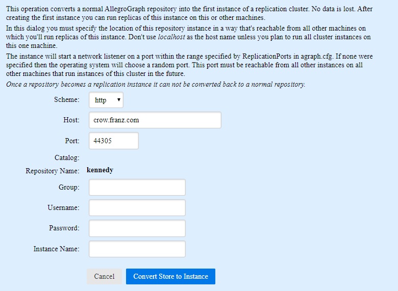 Dialog to convert an ordinary repository to a cluster instance