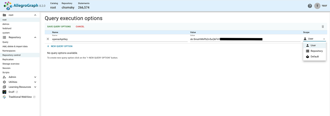 Query execution options filled in
